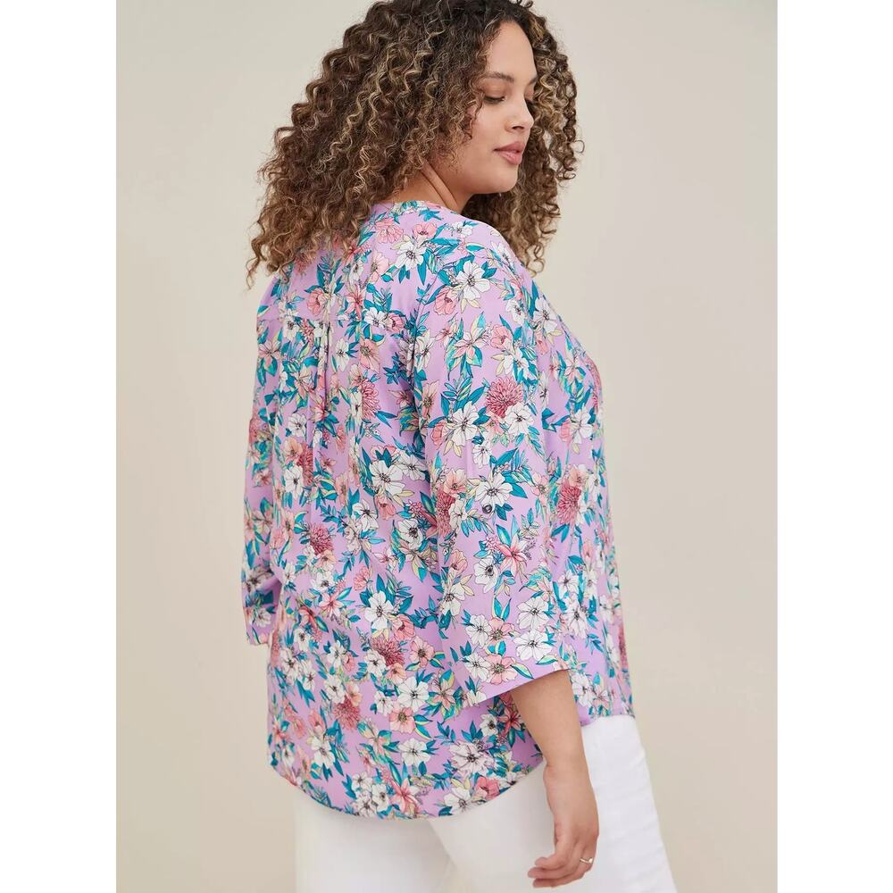 Torrid Challis Floral Purple Harper Pullover Splot Neck Roll Up Sleeves Blouse 1 - Picture 2 of 8